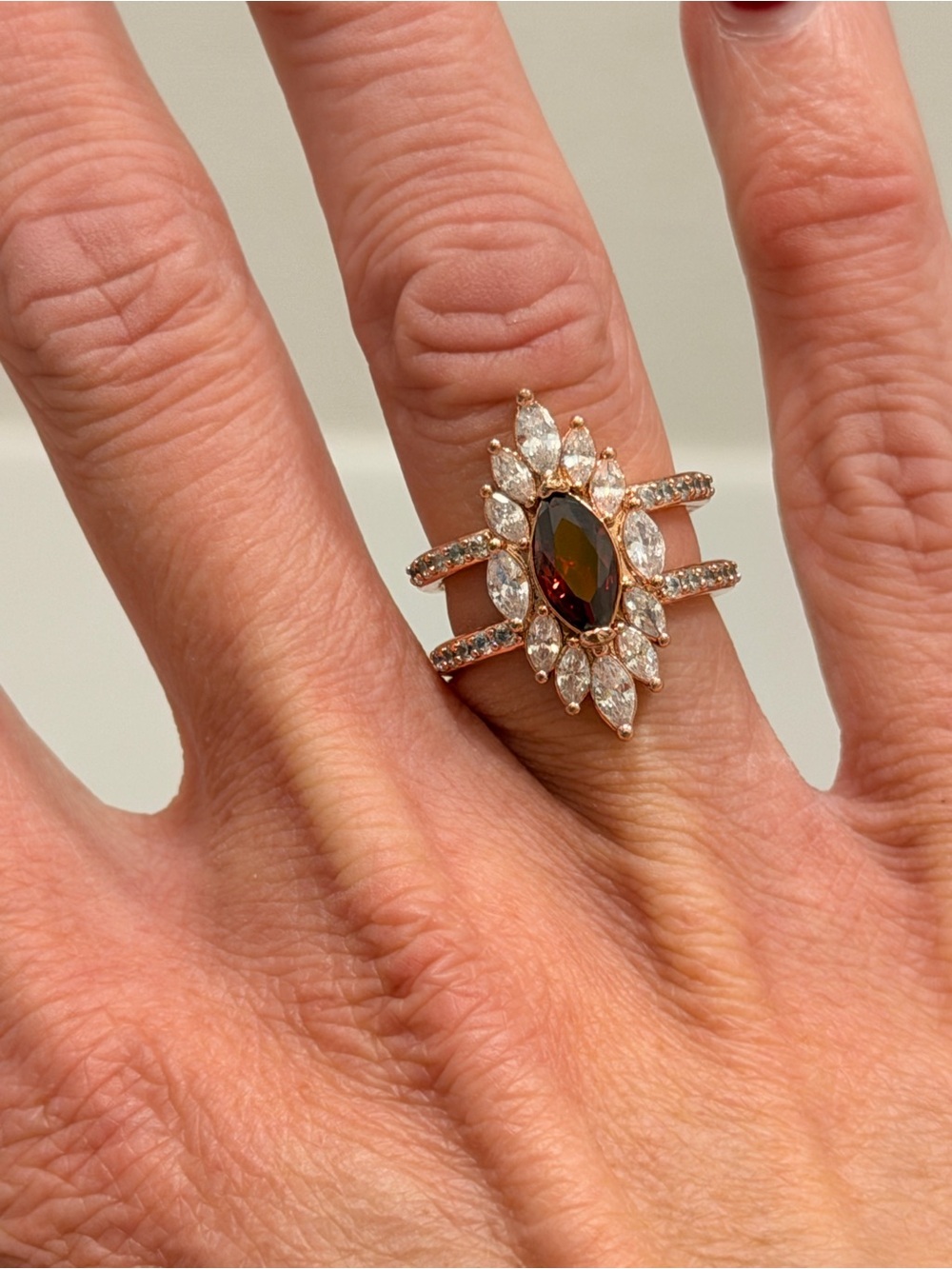 Bomb Party NWOT! Gold-Tone Marquise Garnet Halo Ring with Clear Accents